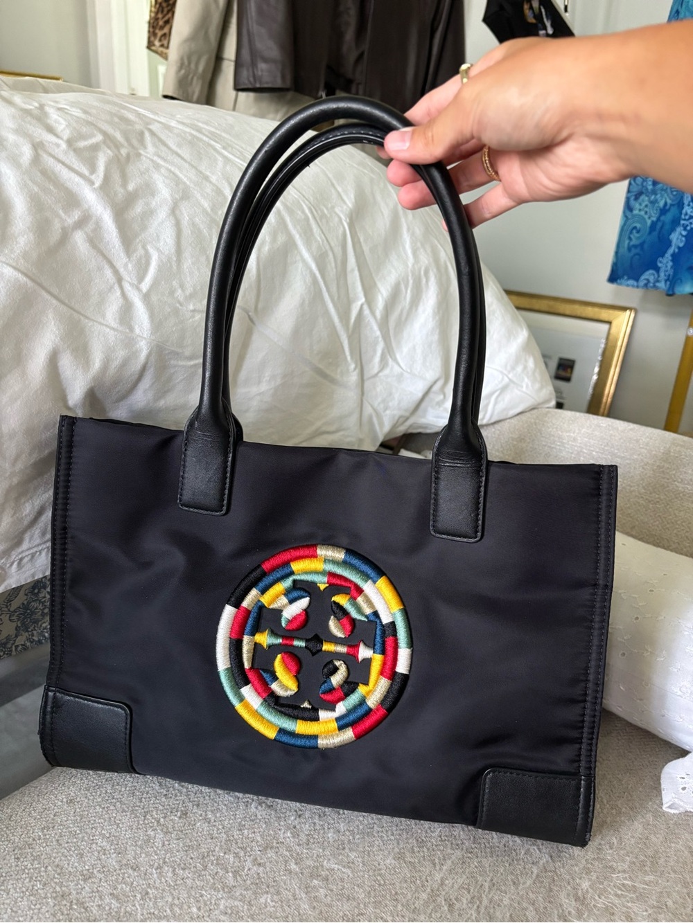 Small Tory Burch Ella Tote Multi Colored Embroidered Logo